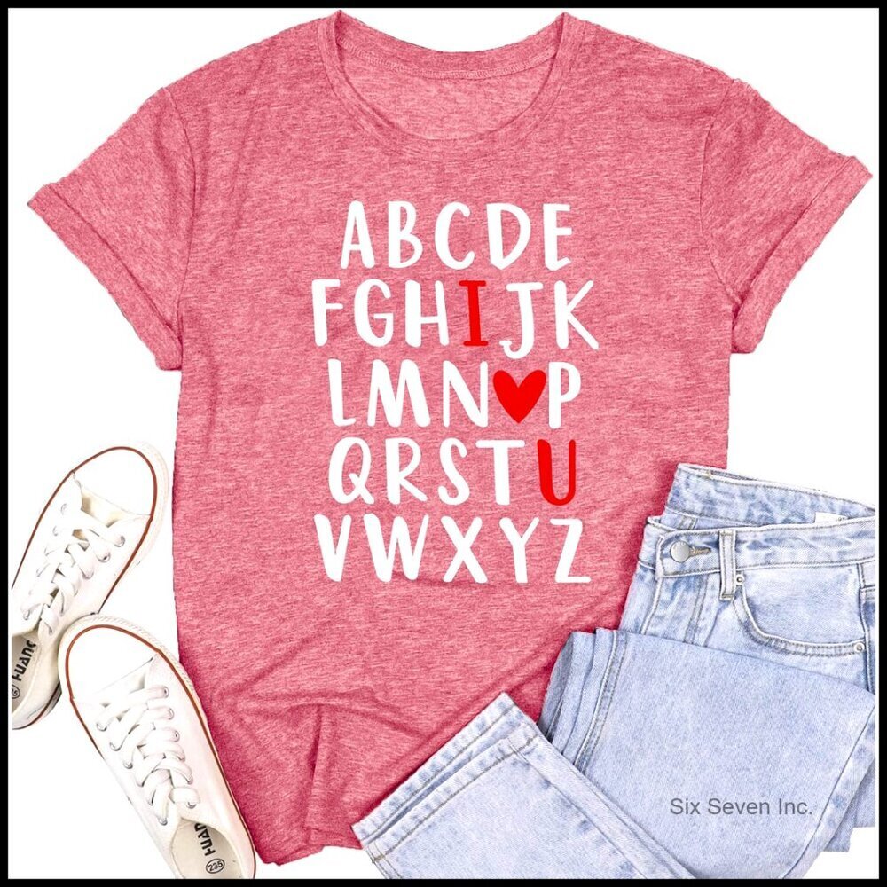 Valentine's Teacher T-Shirt Alphabet Print Soft Stretch Casual Fit Tee